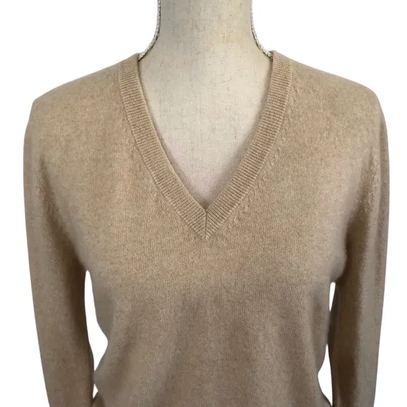 Gobi Organic Mongolian Cashmere V-Neck Sweater Pullover Tan Size Small