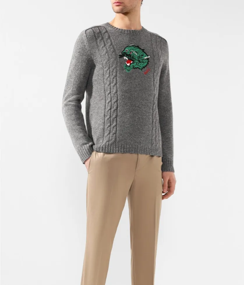 Gucci Panther Embroidered Knit Sweater in Gray