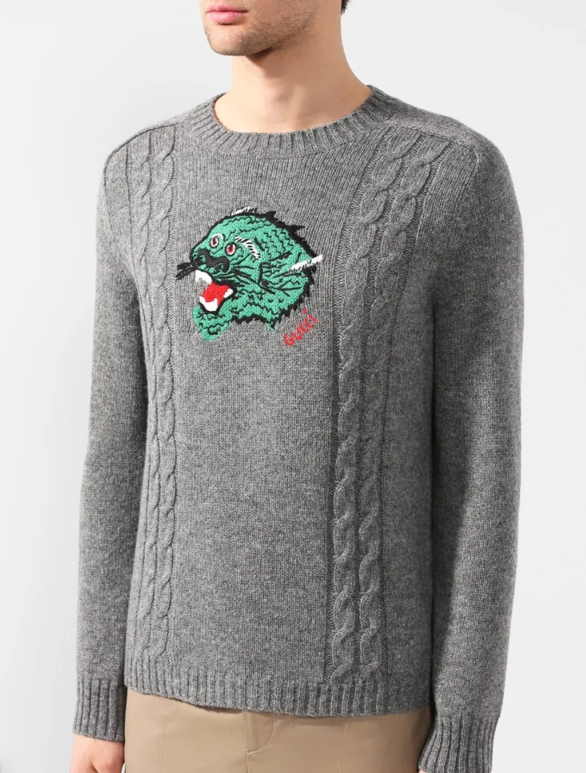 Gucci Panther Embroidered Knit Sweater in Gray