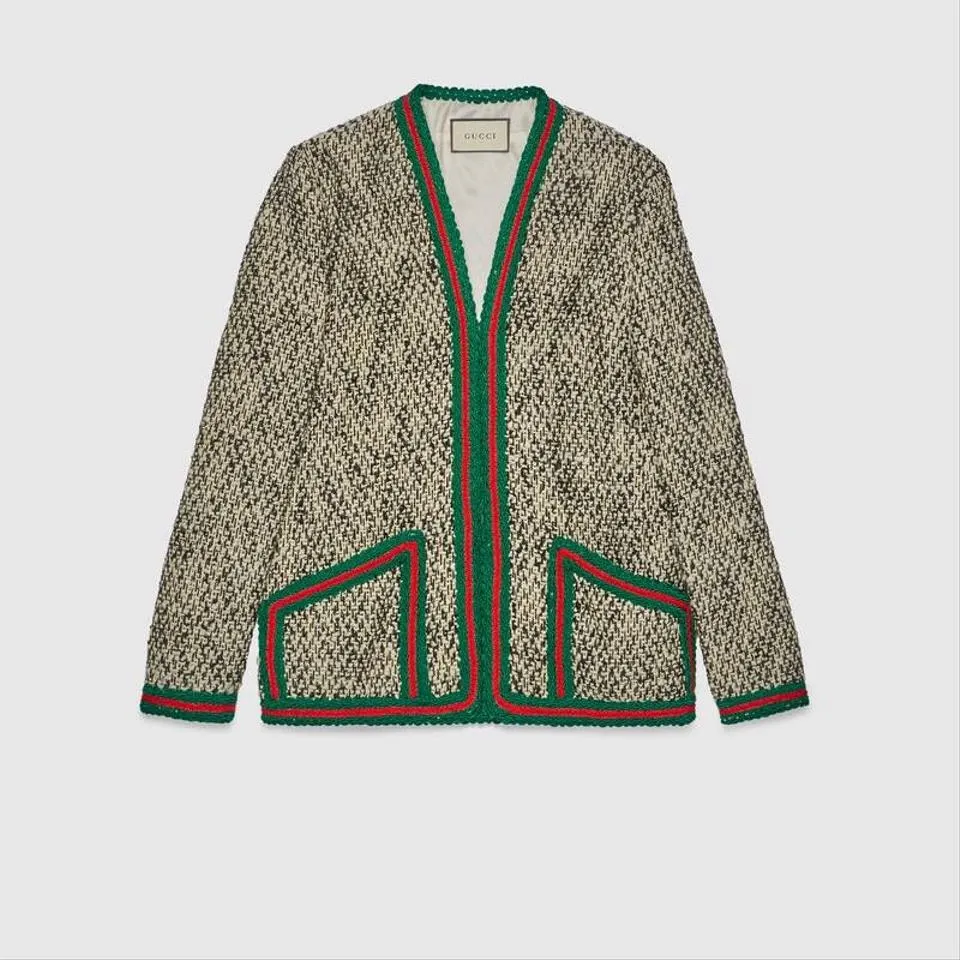 Gucci Size 38 Web Blazer Tweed Jacket Black Ivory 610060 Zacck 5g94