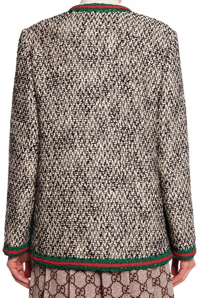 Gucci Size 38 Web Blazer Tweed Jacket Black Ivory 610060 Zacck 5g94