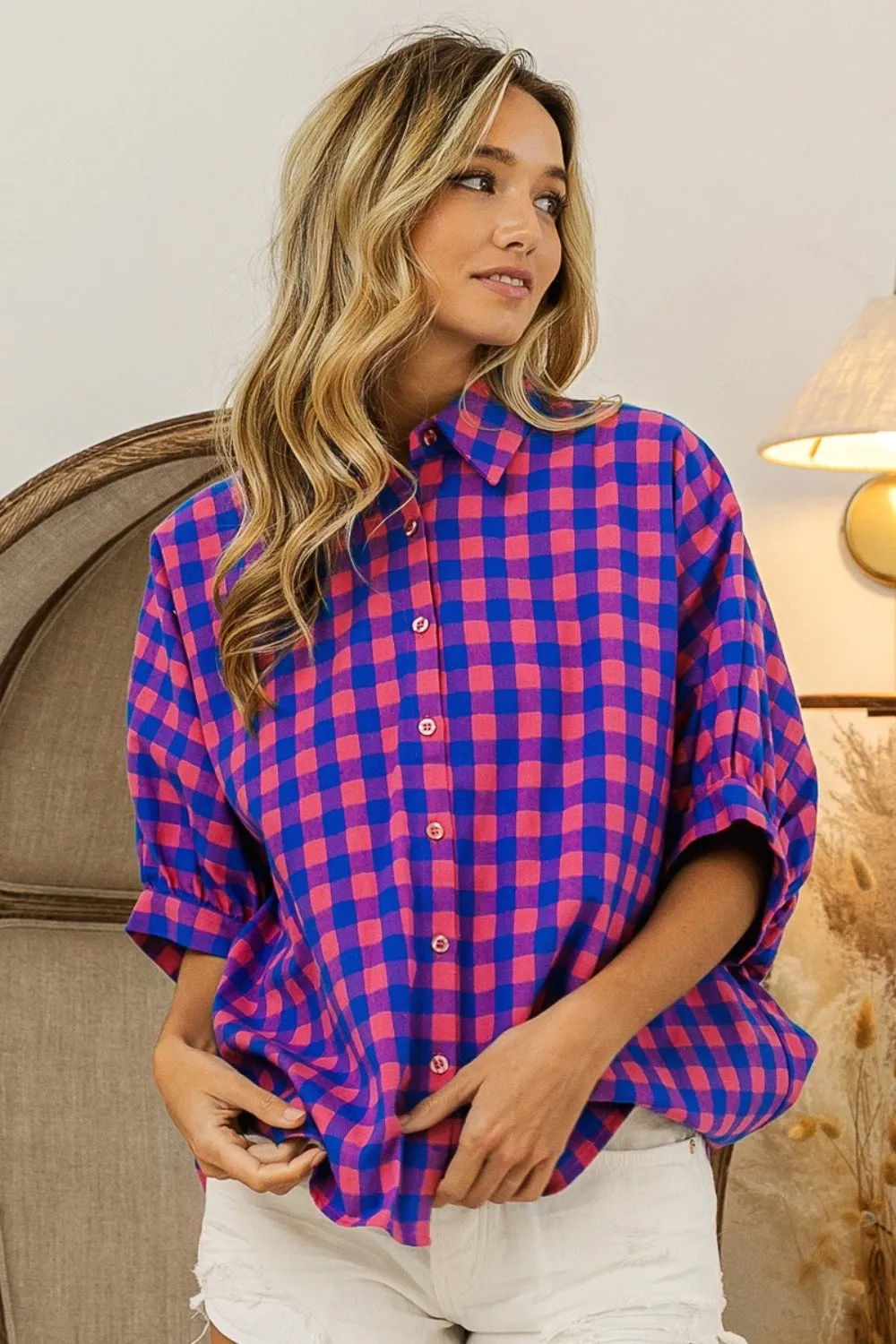 Hazel Blues® |  BiBi Plaid Button Up Dolman Sleeve Shirt
