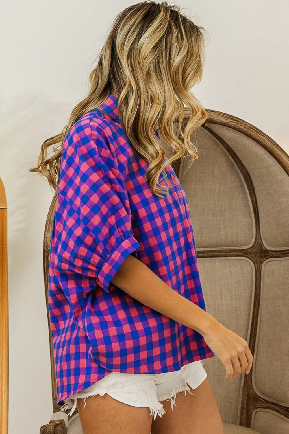 Hazel Blues® |  BiBi Plaid Button Up Dolman Sleeve Shirt