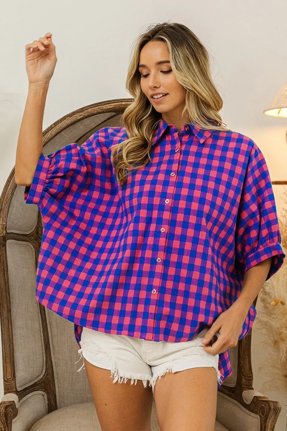 Hazel Blues® |  BiBi Plaid Button Up Dolman Sleeve Shirt