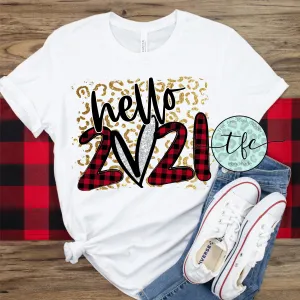 {Hello 2021} leopard buffalo plaid tee