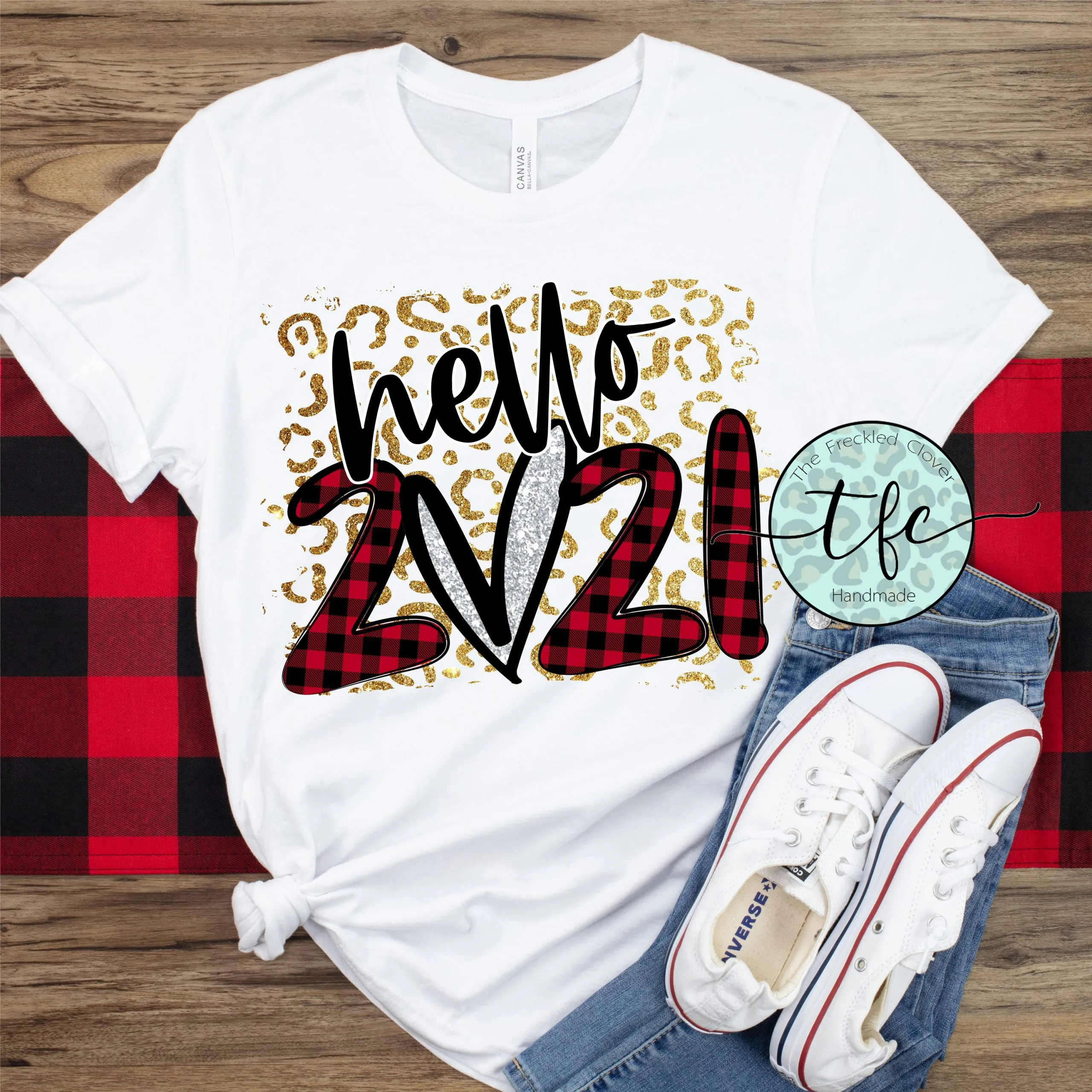 {Hello 2021} leopard buffalo plaid tee