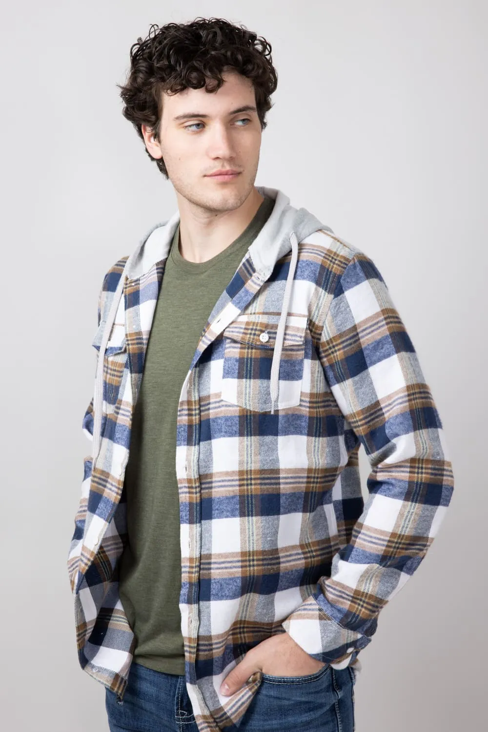 Hooded Plaid Flannel Shirt for Men in Ecru | TQ8299GL-ECRU