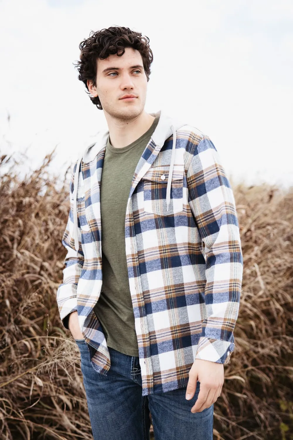 Hooded Plaid Flannel Shirt for Men in Ecru | TQ8299GL-ECRU