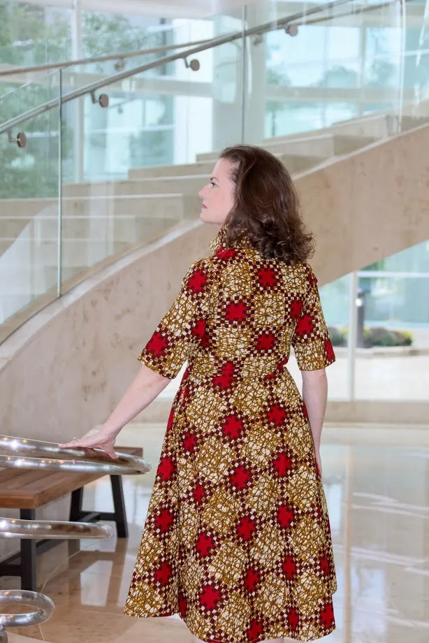 Ibadan Dress - Shirt Dress in Red & Gold