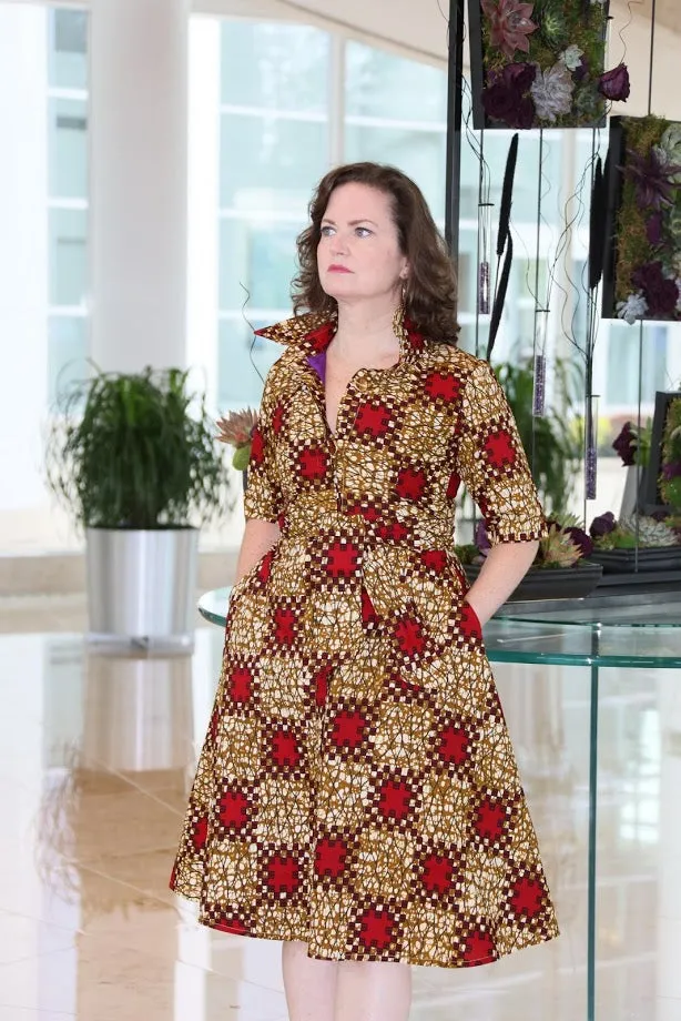 Ibadan Dress - Shirt Dress in Red & Gold