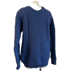 Inis Crafts LARGE Fisherman’s Cable knit blue merino wool sweater Ireland