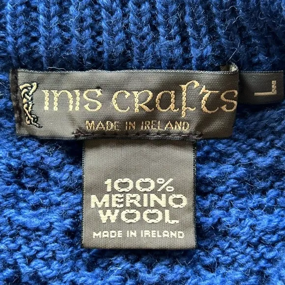 Inis Crafts LARGE Fisherman’s Cable knit blue merino wool sweater Ireland