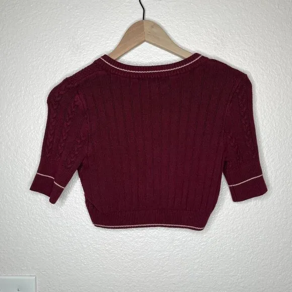 Intimately Free People Burgundy Cable Knit Cropped Varsity Collegiate Sweater XS