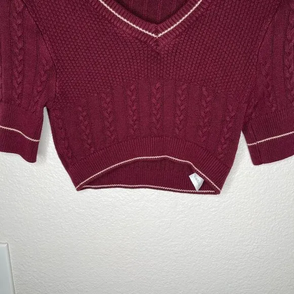 Intimately Free People Burgundy Cable Knit Cropped Varsity Collegiate Sweater XS