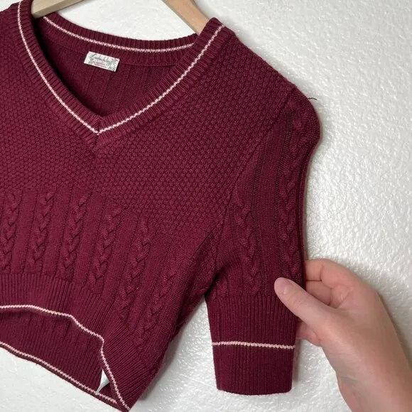 Intimately Free People Burgundy Cable Knit Cropped Varsity Collegiate Sweater XS