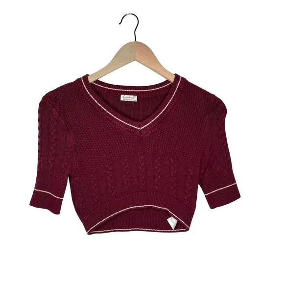 Intimately Free People Burgundy Cable Knit Cropped Varsity Collegiate Sweater XS