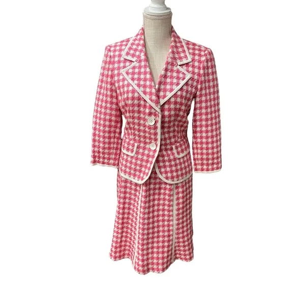 Isabel &amp; Nina Pink White Tweed Blazer Skirt Set Coquette Chic Women’s size 8