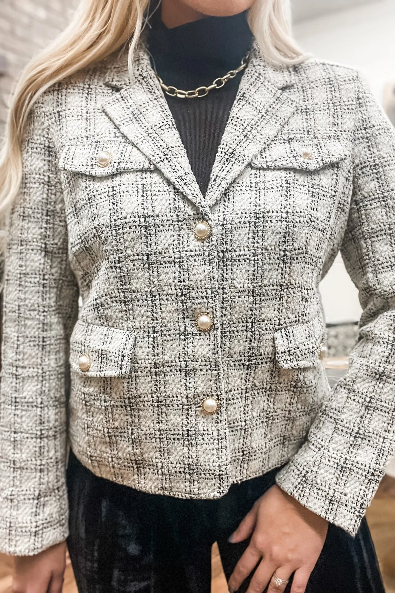 Ivory & Black Plaid Tweed Button Down Blazer