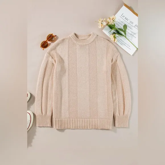 Ivy- pale khaki solid color cable knit ribbed loose sweater