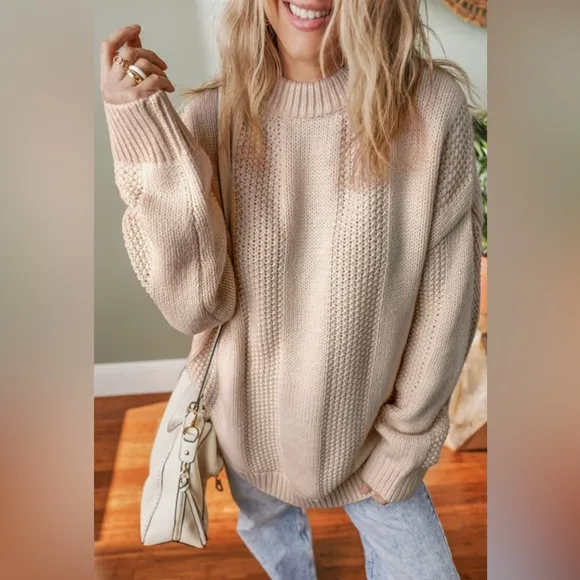 Ivy- pale khaki solid color cable knit ribbed loose sweater