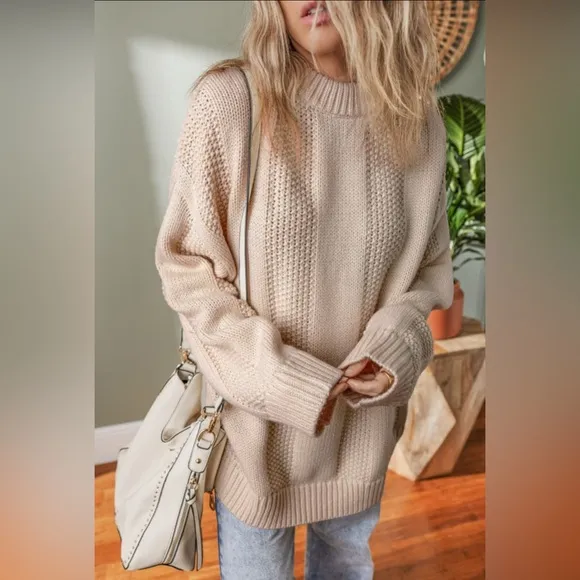Ivy- pale khaki solid color cable knit ribbed loose sweater