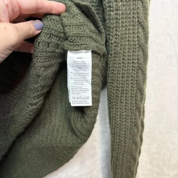 J CREW Azra Pom Pom Cable Knit Sweater Mock Neck Lambswool Blend Moss Green Sz S