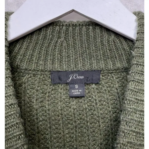 J CREW Azra Pom Pom Cable Knit Sweater Mock Neck Lambswool Blend Moss Green Sz S