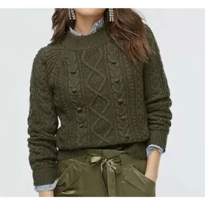 J CREW Azra Pom Pom Cable Knit Sweater Mock Neck Lambswool Blend Moss Green Sz S