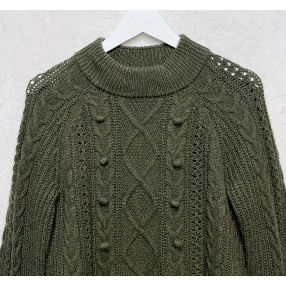 J CREW Azra Pom Pom Cable Knit Sweater Mock Neck Lambswool Blend Moss Green Sz S