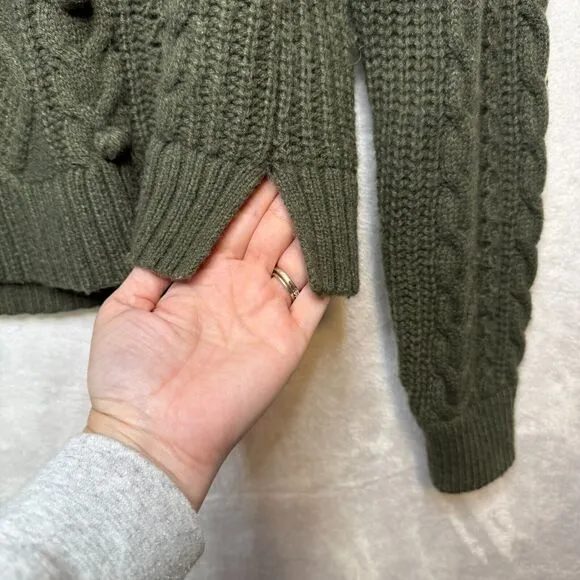 J CREW Azra Pom Pom Cable Knit Sweater Mock Neck Lambswool Blend Moss Green Sz S