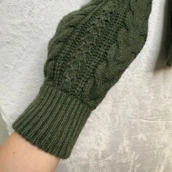J CREW Azra Pom Pom Cable Knit Sweater Mock Neck Lambswool Blend Moss Green Sz S