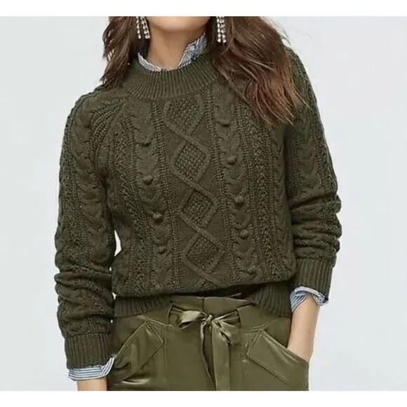 J CREW Azra Pom Pom Cable Knit Sweater Mock Neck Lambswool Blend Moss Green Sz S