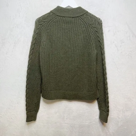 J CREW Azra Pom Pom Cable Knit Sweater Mock Neck Lambswool Blend Moss Green Sz S
