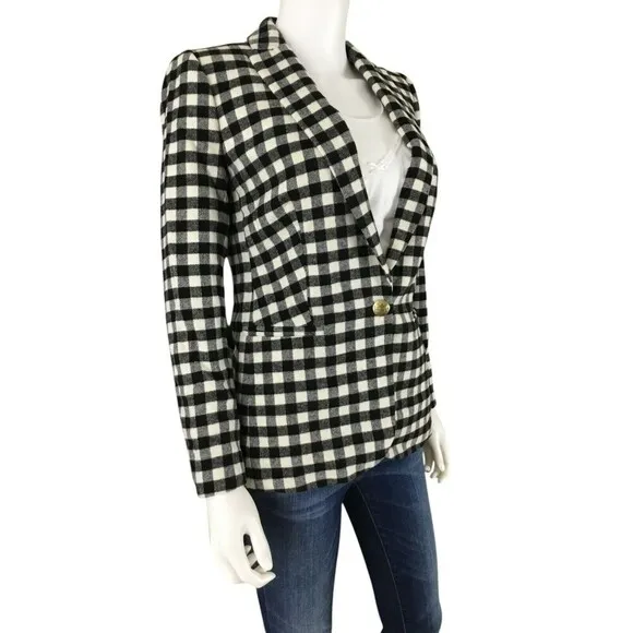 J. Crew Blazer Womens sz 0 Buffalo Check Wool Black White Gold Buttons Classic