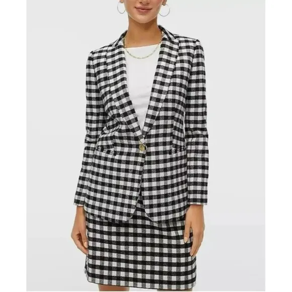 J. Crew Blazer Womens sz 0 Buffalo Check Wool Black White Gold Buttons Classic