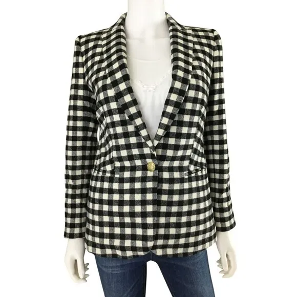 J. Crew Blazer Womens sz 0 Buffalo Check Wool Black White Gold Buttons Classic