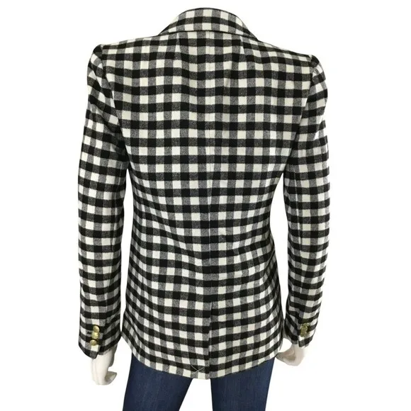 J. Crew Blazer Womens sz 0 Buffalo Check Wool Black White Gold Buttons Classic