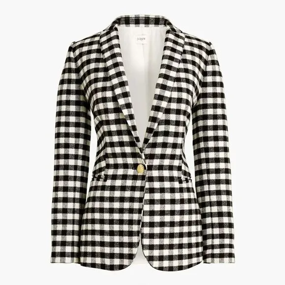 J. Crew Blazer Womens sz 0 Buffalo Check Wool Black White Gold Buttons Classic