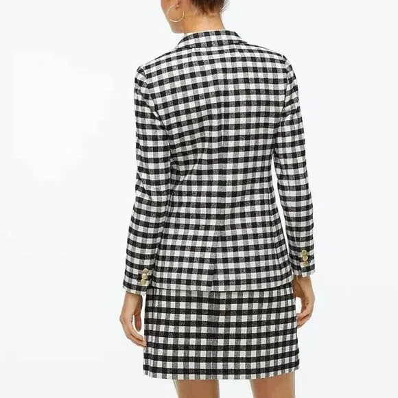 J. Crew Blazer Womens sz 0 Buffalo Check Wool Black White Gold Buttons Classic