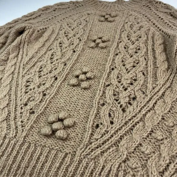 J Crew Cable Knit Pointelle Sweater XS Tan Fisherman Wool Alpaca Popcorn Flowers