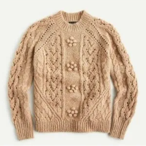 J Crew Cable Knit Pointelle Sweater XS Tan Fisherman Wool Alpaca Popcorn Flowers