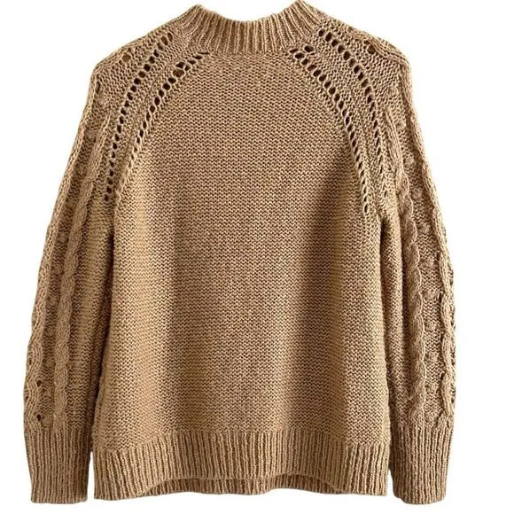 J Crew Cable Knit Pointelle Sweater XS Tan Fisherman Wool Alpaca Popcorn Flowers