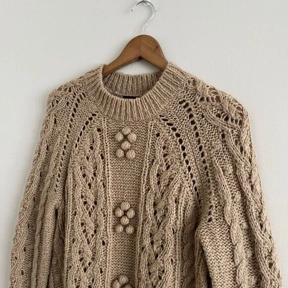 J Crew Cable Knit Pointelle Sweater XS Tan Fisherman Wool Alpaca Popcorn Flowers