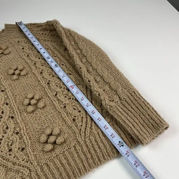 J Crew Cable Knit Pointelle Sweater XS Tan Fisherman Wool Alpaca Popcorn Flowers