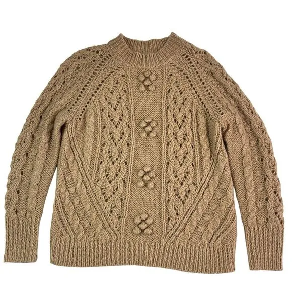 J Crew Cable Knit Pointelle Sweater XS Tan Fisherman Wool Alpaca Popcorn Flowers