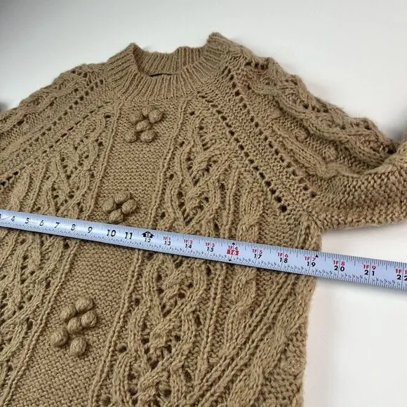 J Crew Cable Knit Pointelle Sweater XS Tan Fisherman Wool Alpaca Popcorn Flowers
