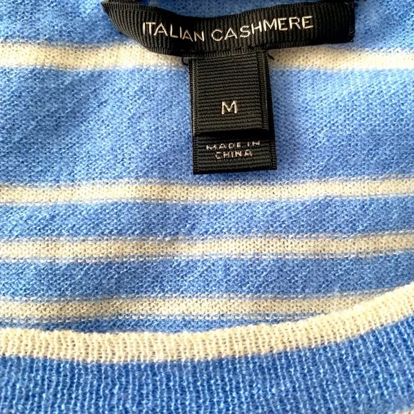 J Crew Italian Cashmere Crew Sweater-M blue striped , quarter sleeve
