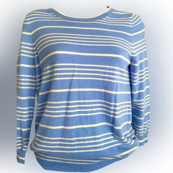 J Crew Italian Cashmere Crew Sweater-M blue striped , quarter sleeve