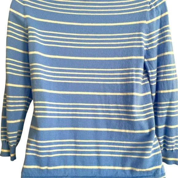 J Crew Italian Cashmere Crew Sweater-M blue striped , quarter sleeve