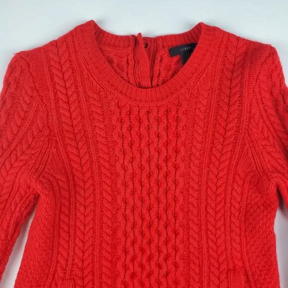 J. Crew Red Wool Cable Knit Crewneck Pullover Sweater Top Pockets Ribbed SIze M